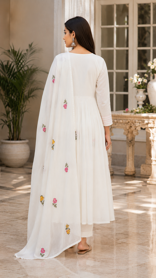 Off-White Floral Flared Chanderi Suit Set
