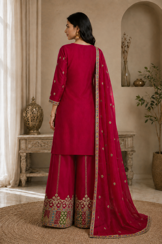 Premium Magenta Chinon Silk Embroidered Kurta Palazzo Set with Dupatta