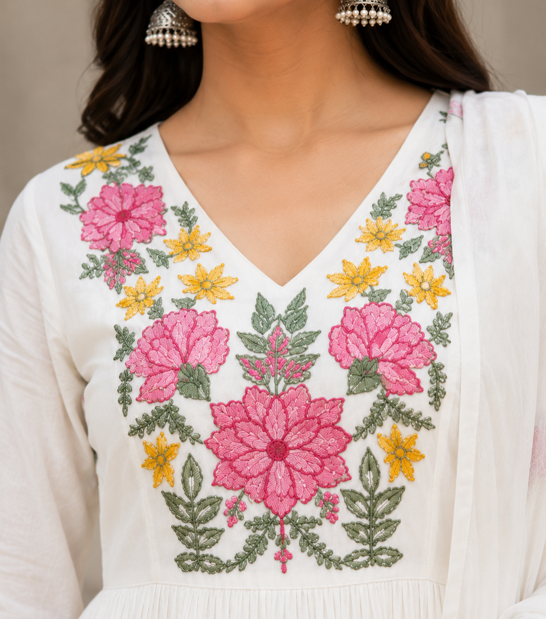 Off-White Floral Flared Chanderi Suit Set