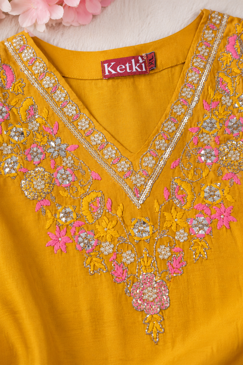 Mustard Embroidered Kurta Set With Organza Dupatta