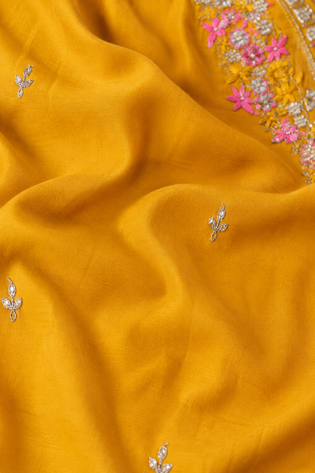 Mustard Embroidered Kurta Set With Organza Dupatta