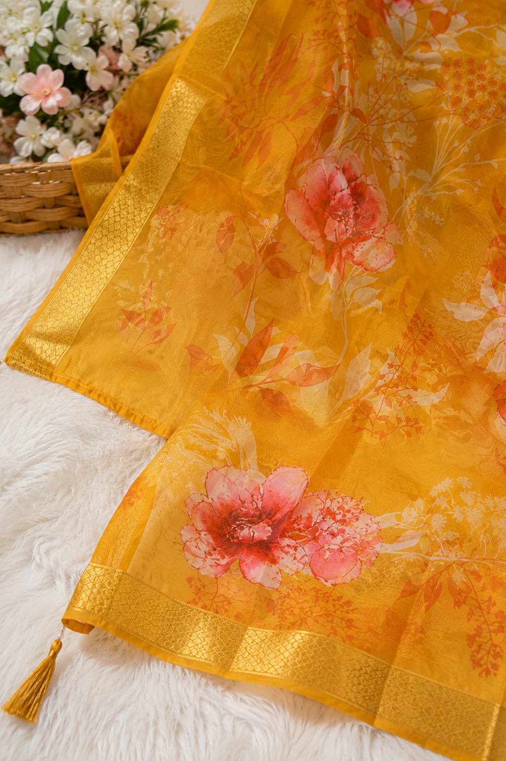 Mustard Embroidered Kurta Set With Organza Dupatta