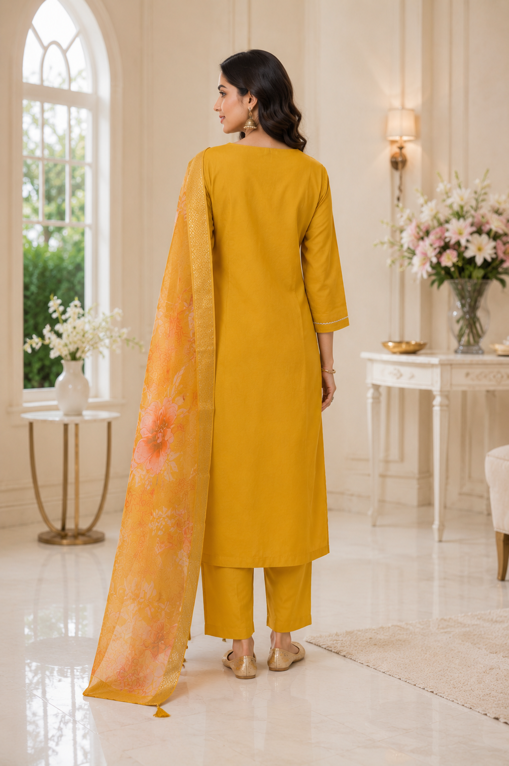 Mustard Embroidered Kurta Set With Organza Dupatta