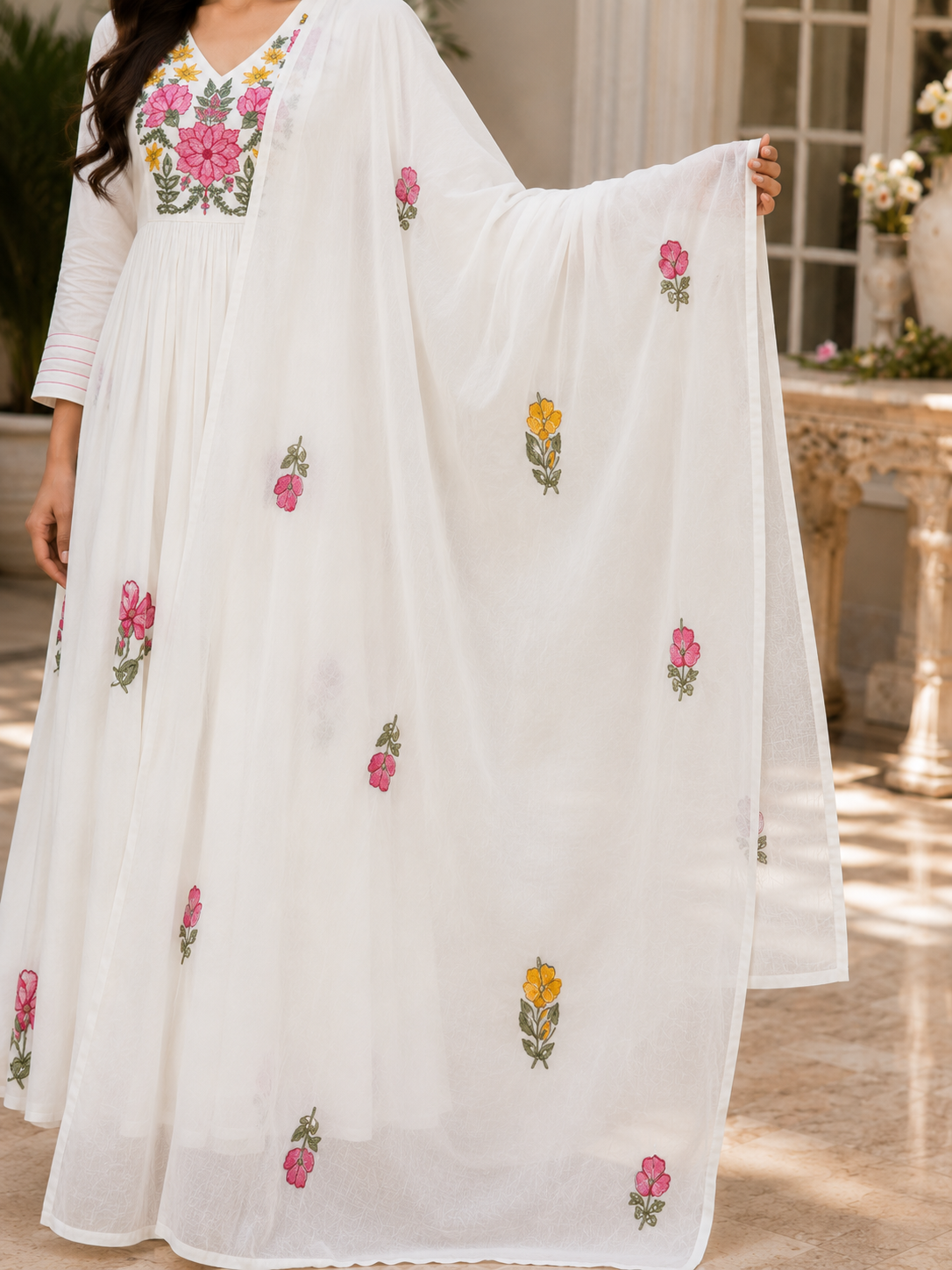 Off-White Floral Flared Chanderi Suit Set
