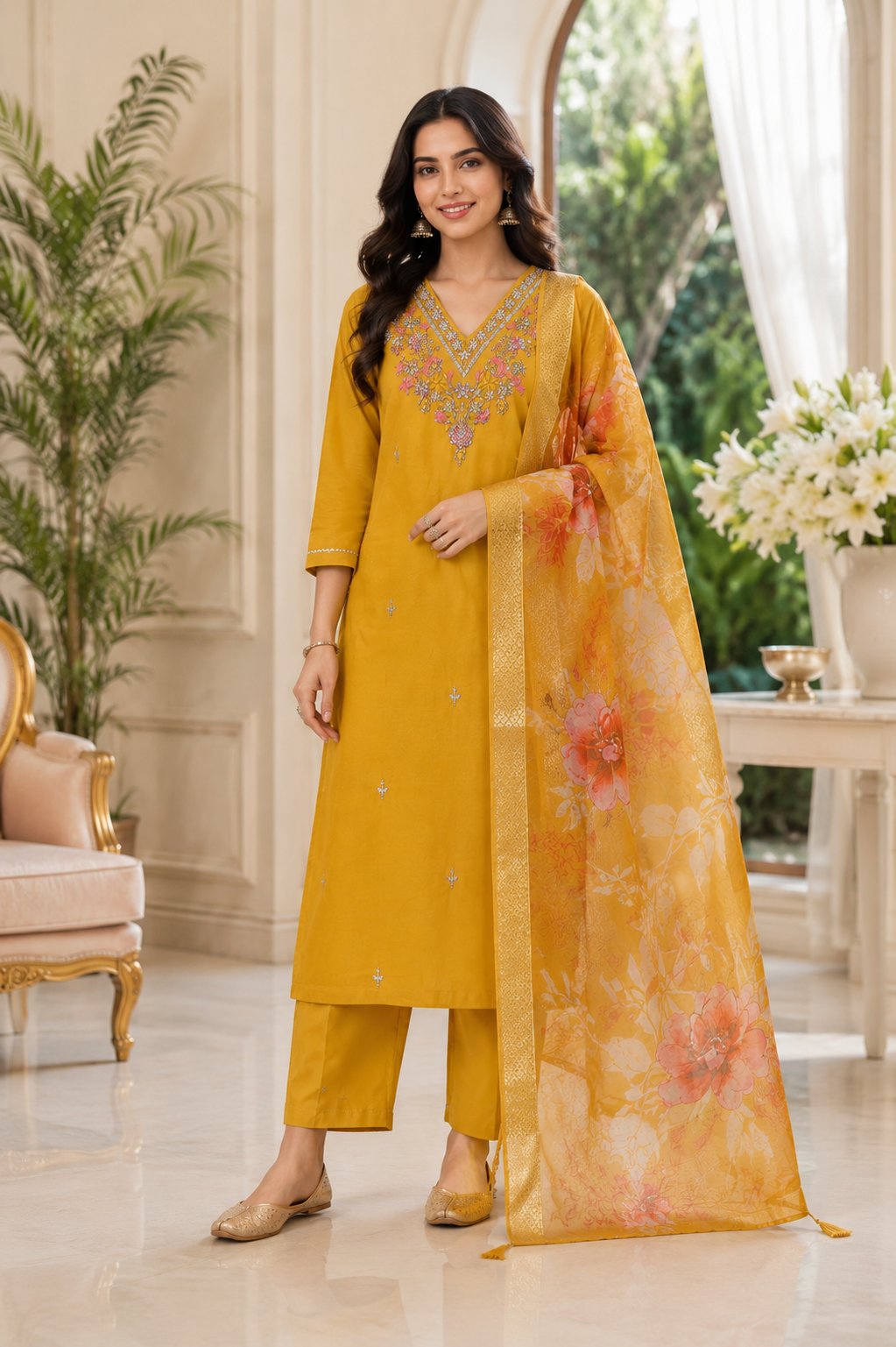 Mustard Embroidered Kurta Set With Organza Dupatta