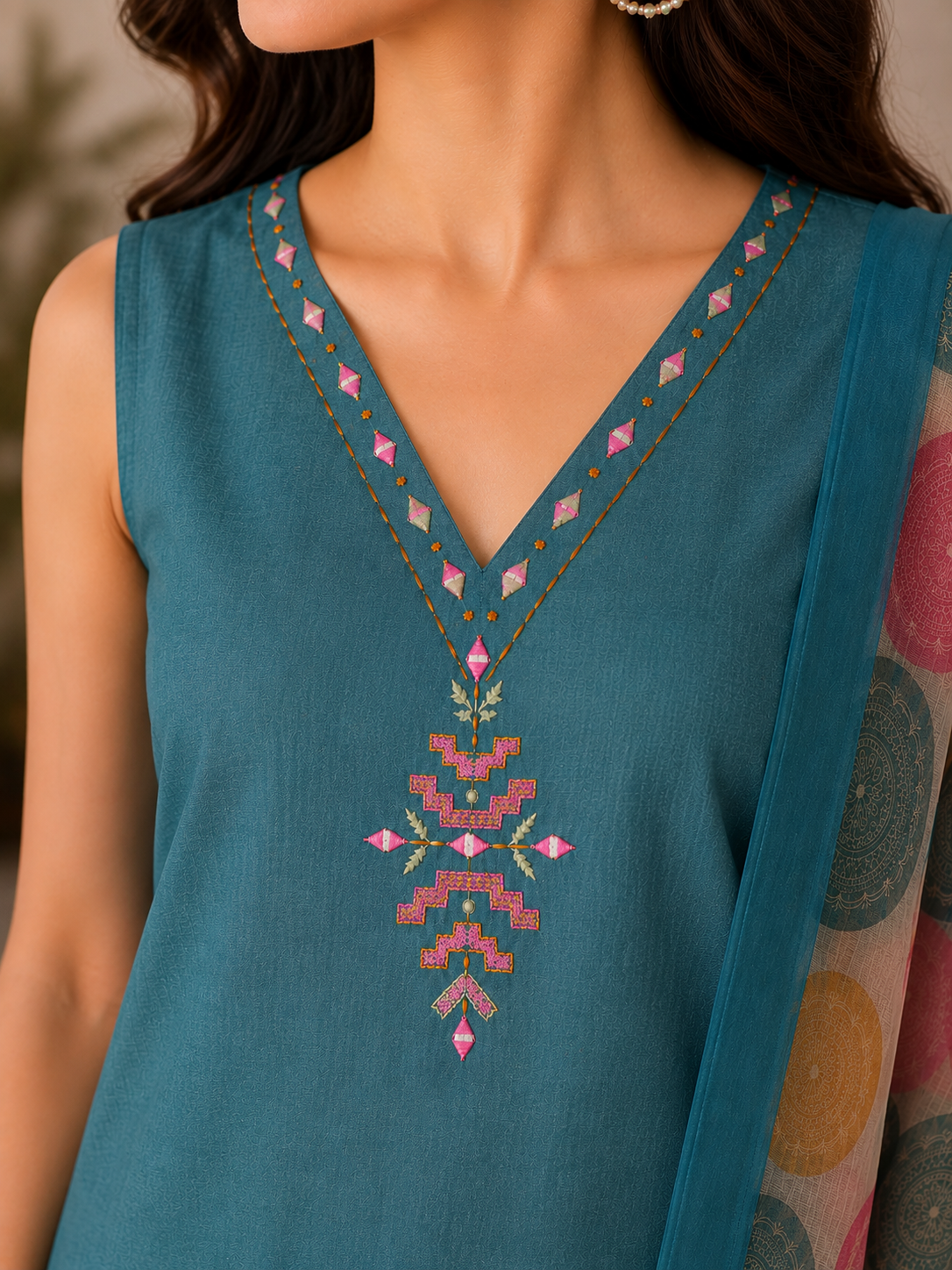 Teal Embroidered Pure Cotton Kurta Set with Printed Dupatta