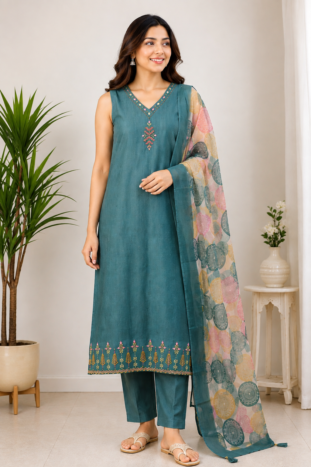 Teal Embroidered Pure Cotton Kurta Set with Printed Dupatta