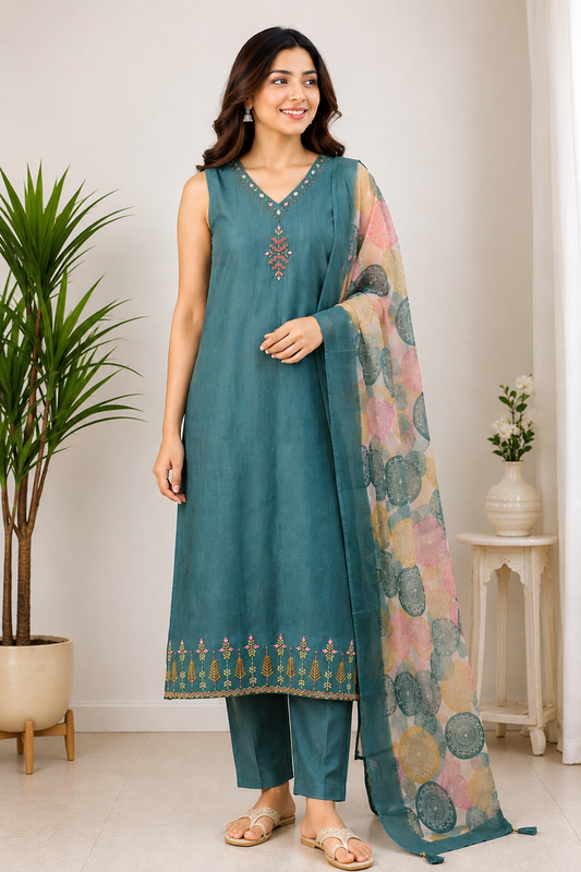 Teal Embroidered Pure Cotton Kurta Set with Printed Dupatta