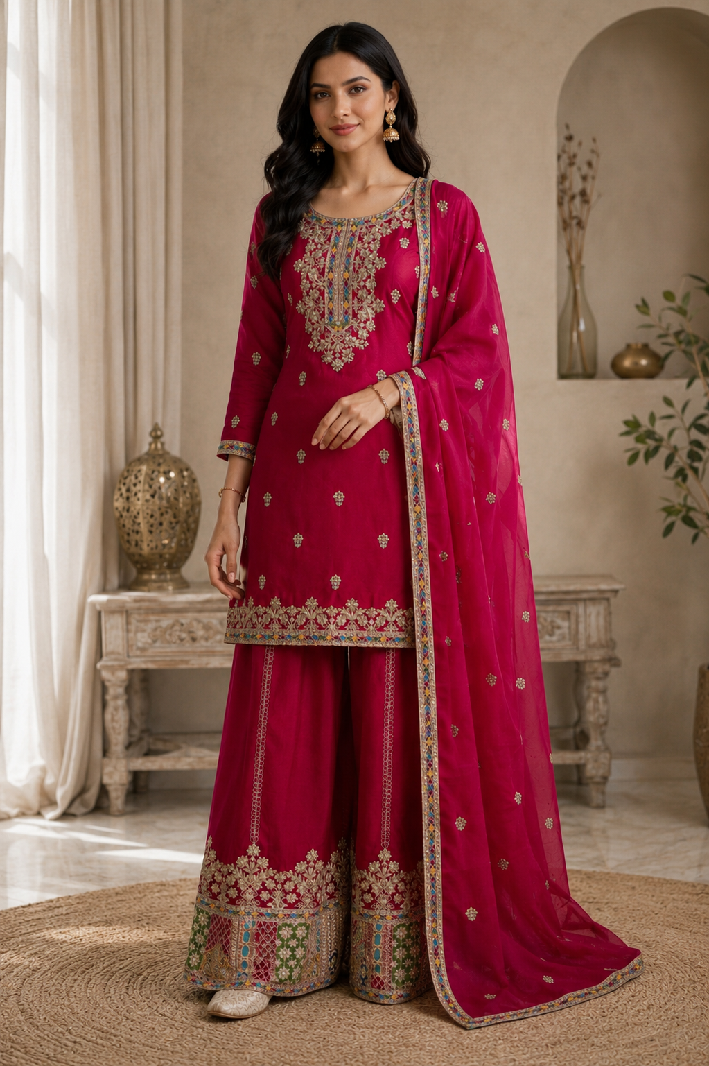 Premium Magenta Chinon Silk Embroidered Kurta Palazzo Set with Dupatta