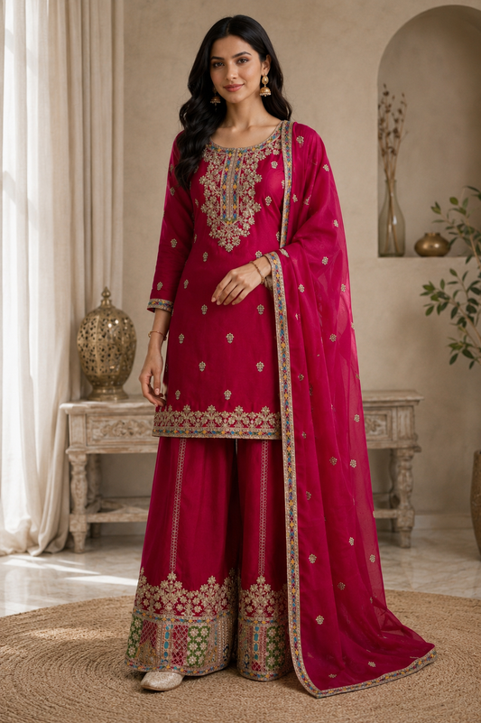 Premium Magenta Chinon Silk Embroidered Kurta Palazzo Set with Dupatta