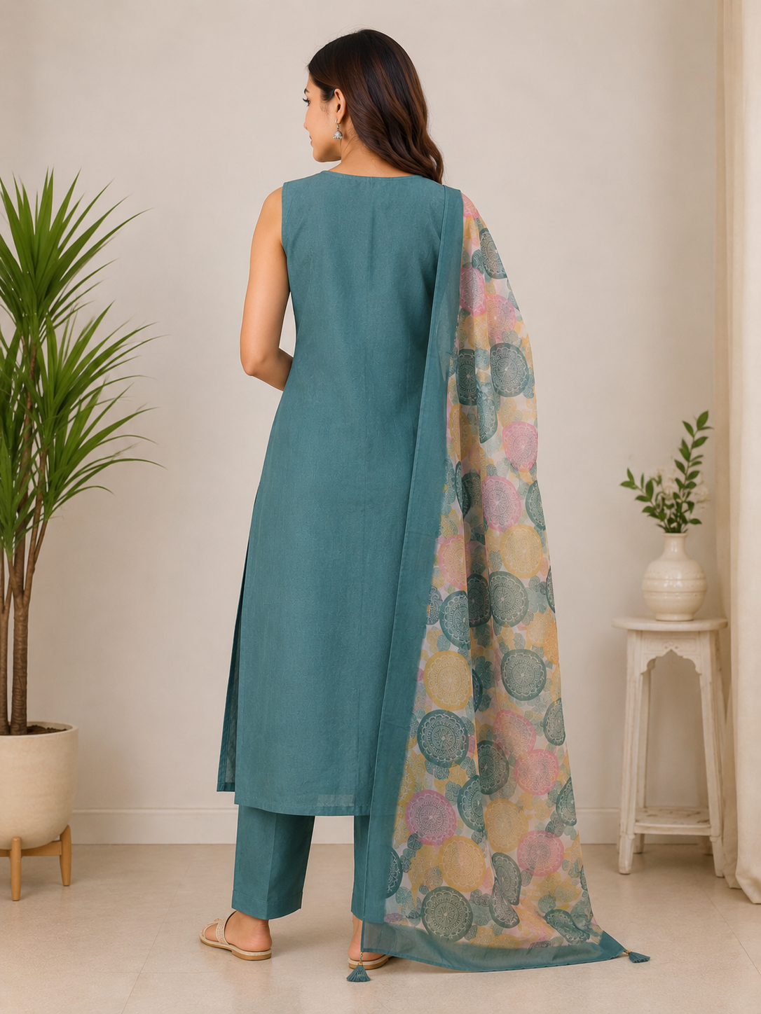 Teal Embroidered Pure Cotton Kurta Set with Printed Dupatta