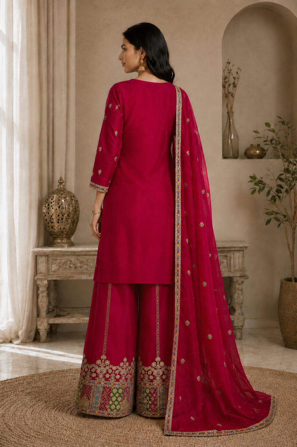 Premium Magenta Chinon Silk Embroidered Kurta Palazzo Set with Dupatta