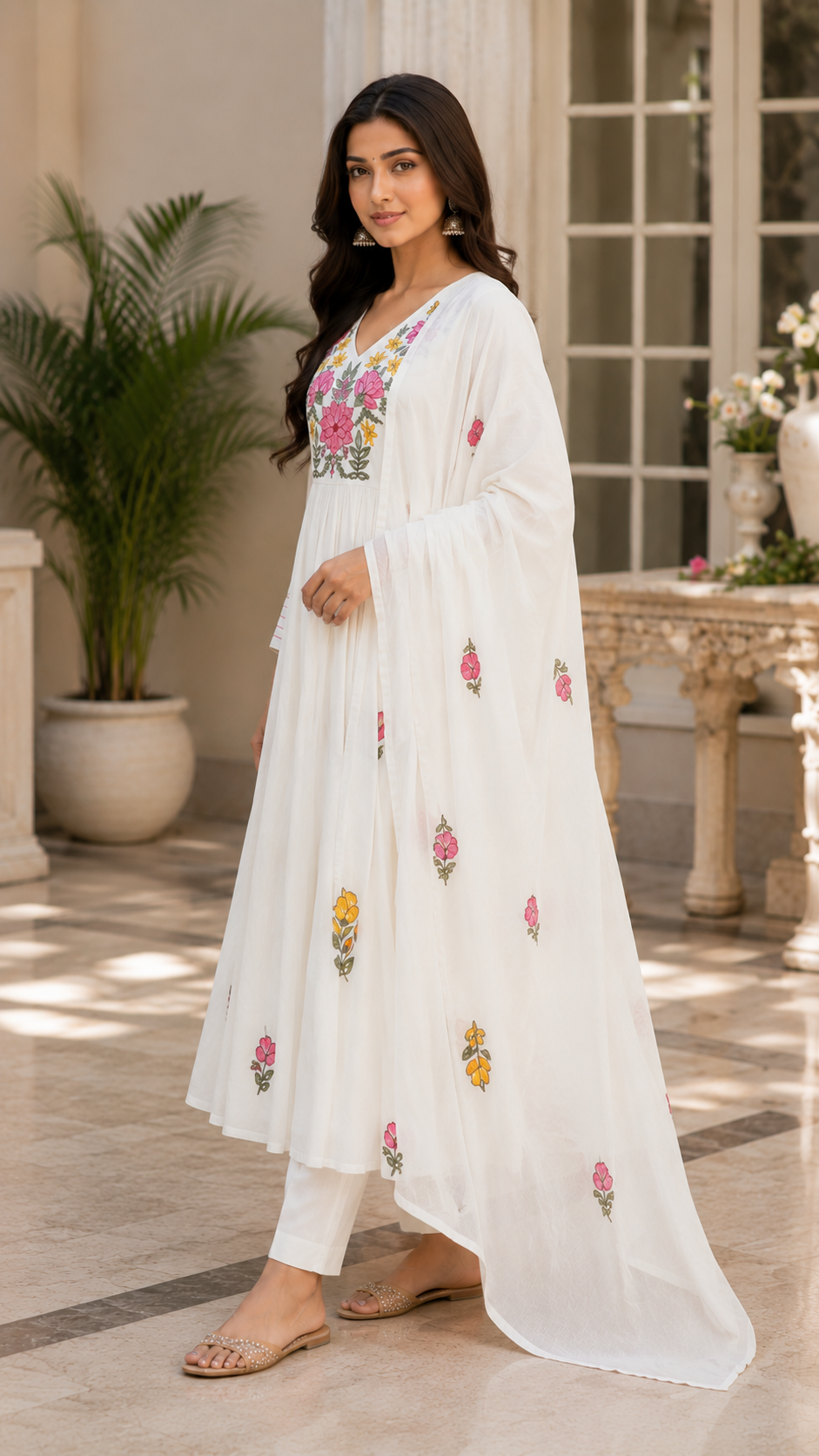 Off-White Floral Flared Chanderi Suit Set