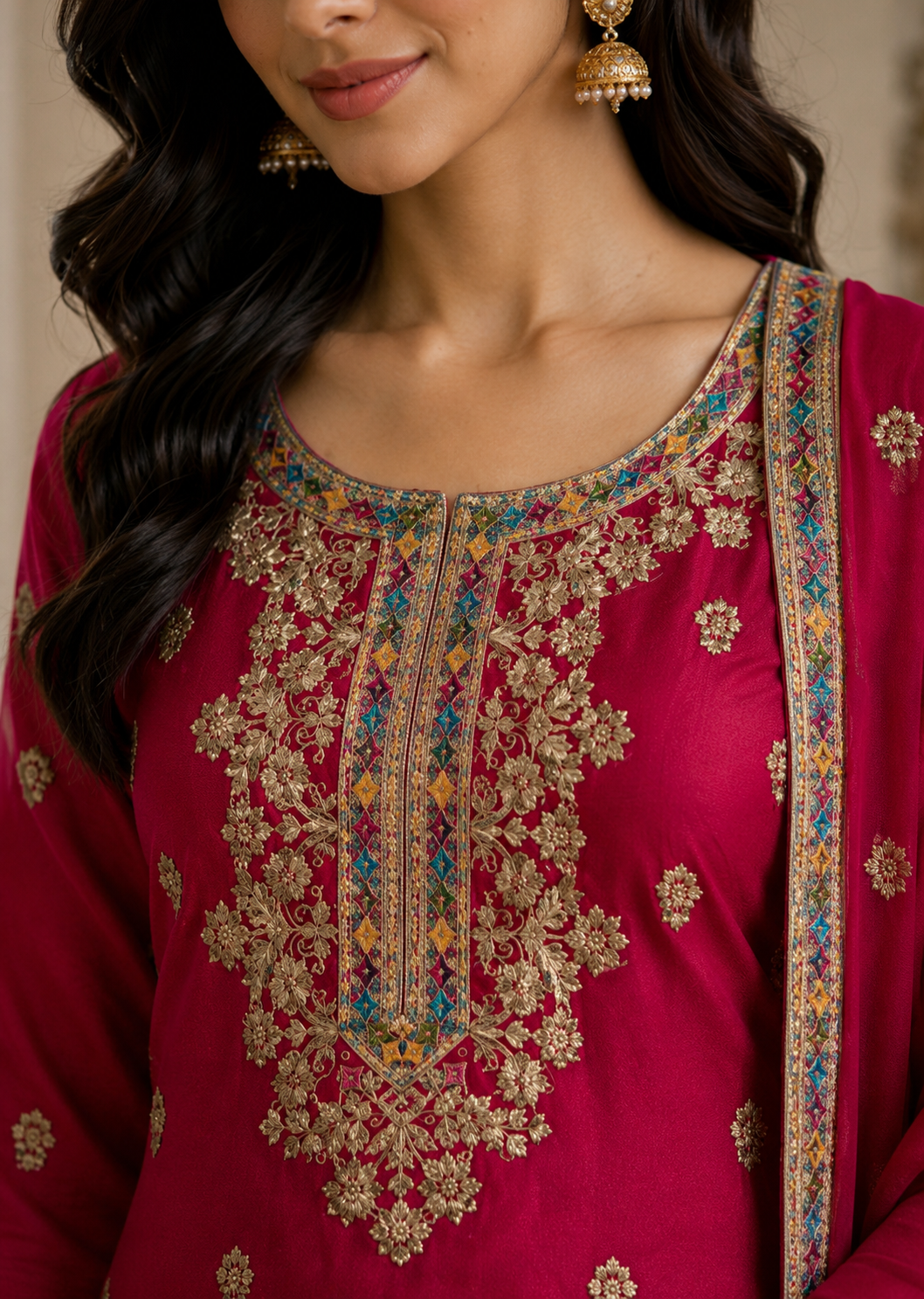 Premium Magenta Chinon Silk Embroidered Kurta Palazzo Set with Dupatta