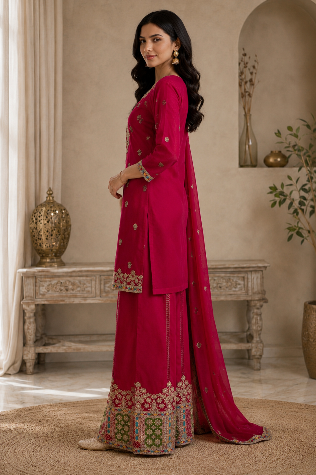 Premium Magenta Chinon Silk Embroidered Kurta Palazzo Set with Dupatta