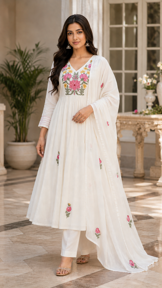 Off-White Floral Flared Chanderi Suit Set