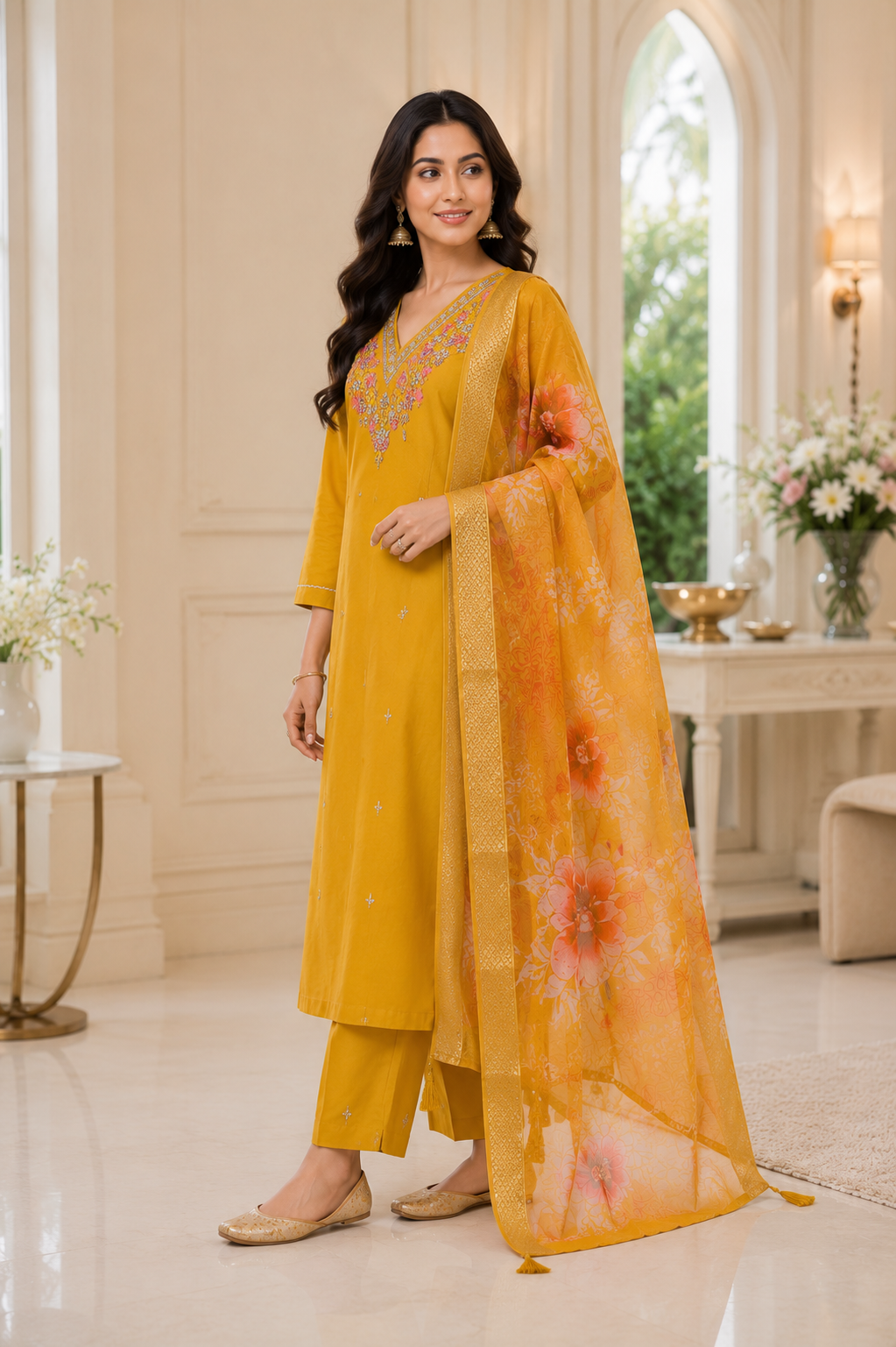 Mustard Embroidered Kurta Set With Organza Dupatta