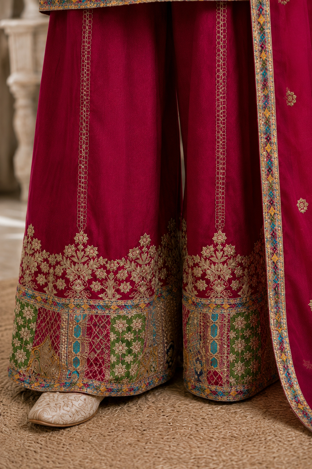 Premium Magenta Chinon Silk Embroidered Kurta Palazzo Set with Dupatta